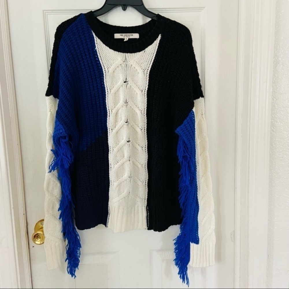 FREE GENERATION Cable Knit multi color block fringe chunky sweater size medium